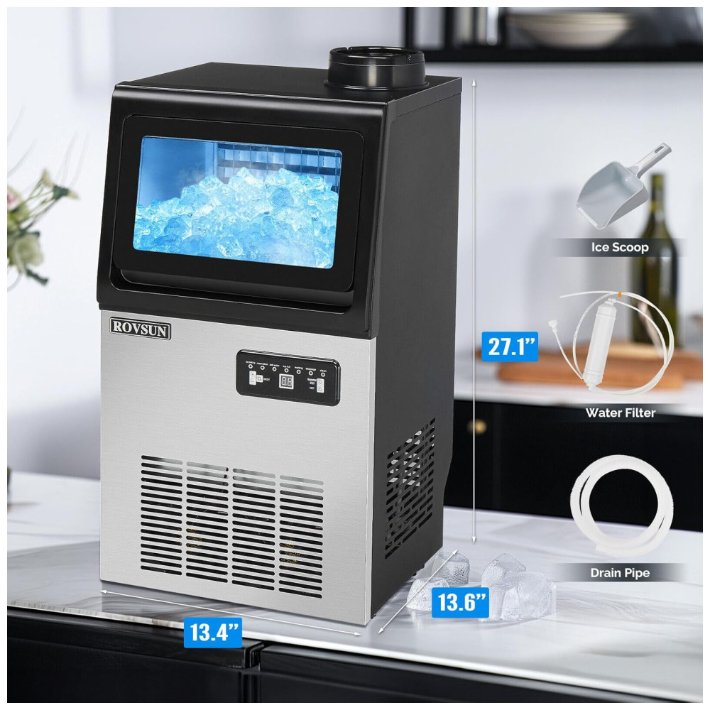 Máquina de Gelo Profissional Que Produz 40 kg em 24H com Função de Agendamento Tubo de Drenagem e Filtro de Água 110V 100W ROVSUN Preta e Prata - Imagem 6