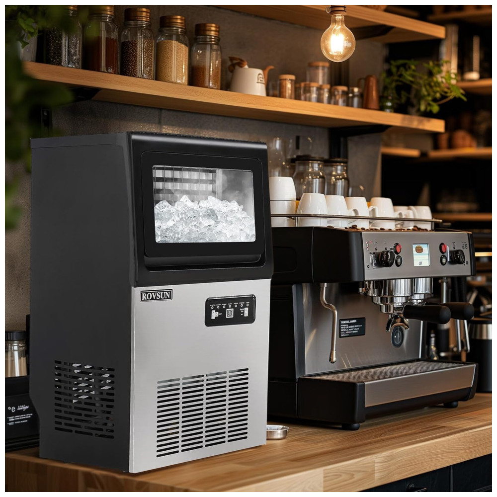 Máquina de Gelo Profissional Que Produz 40 kg em 24H com Função de Agendamento Tubo de Drenagem e Filtro de Água 110V 100W ROVSUN Preta e Prata - Imagem 7