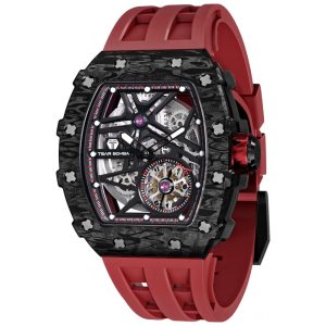 Relógio Masculino Analógico Automático a Prova dÁgua 50M com Pulseira de Silicone TSAR BOMBA TB 8209CF Vermelho e Preto