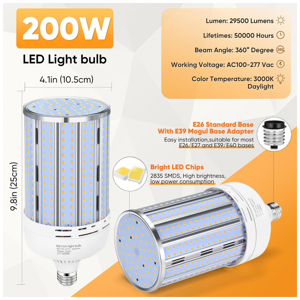 Lâmpada LED Corn XYCN de 200W, 2 Pack, 29.500LM, Branco Quente 3000K, Equivalente a 2000W, Base Mogul E26/E39 para Ambientes Internos e Externos - Imagem 3