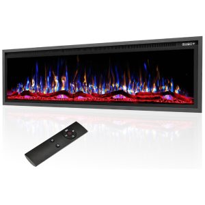 Lareira Elétrica de Embutir A49x182L cm com Controle Remoto Temporizador de 8H Toras e Cristal 110V 1500W Eueiriup Preta