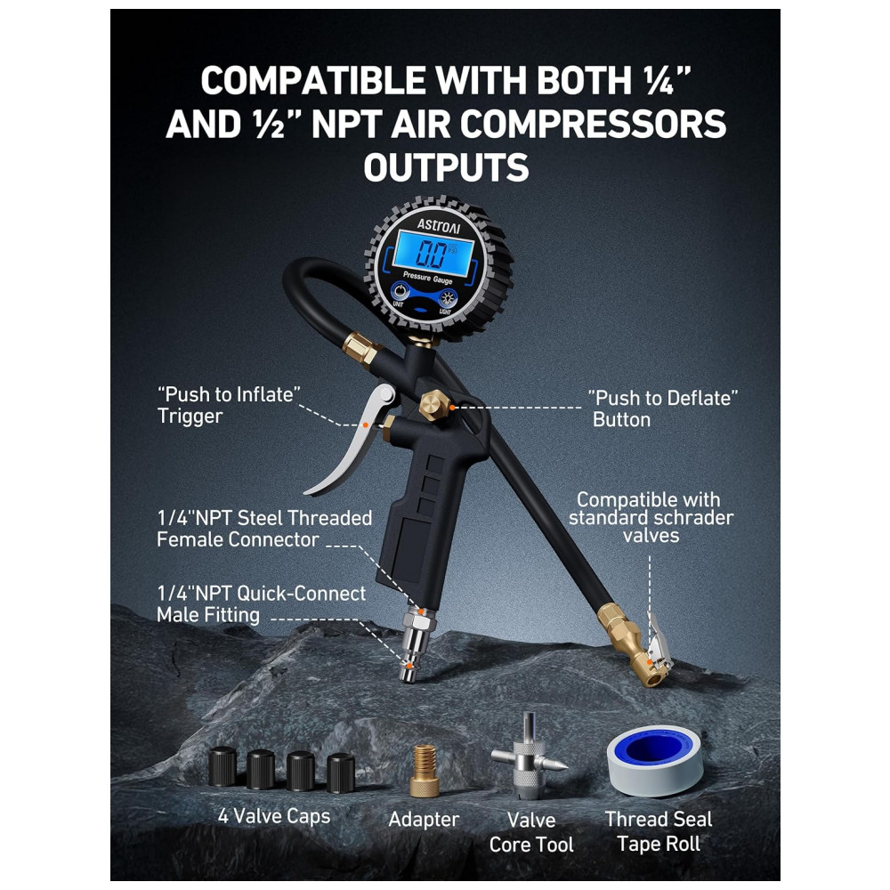Manômetro Digital AstroAI com Inflador para Pneus, 227,5 PSI Acessórios para Compressor de Ar com Engate Rápido, Resolução de 0,1 Display, 1 unidade s - Imagem 2