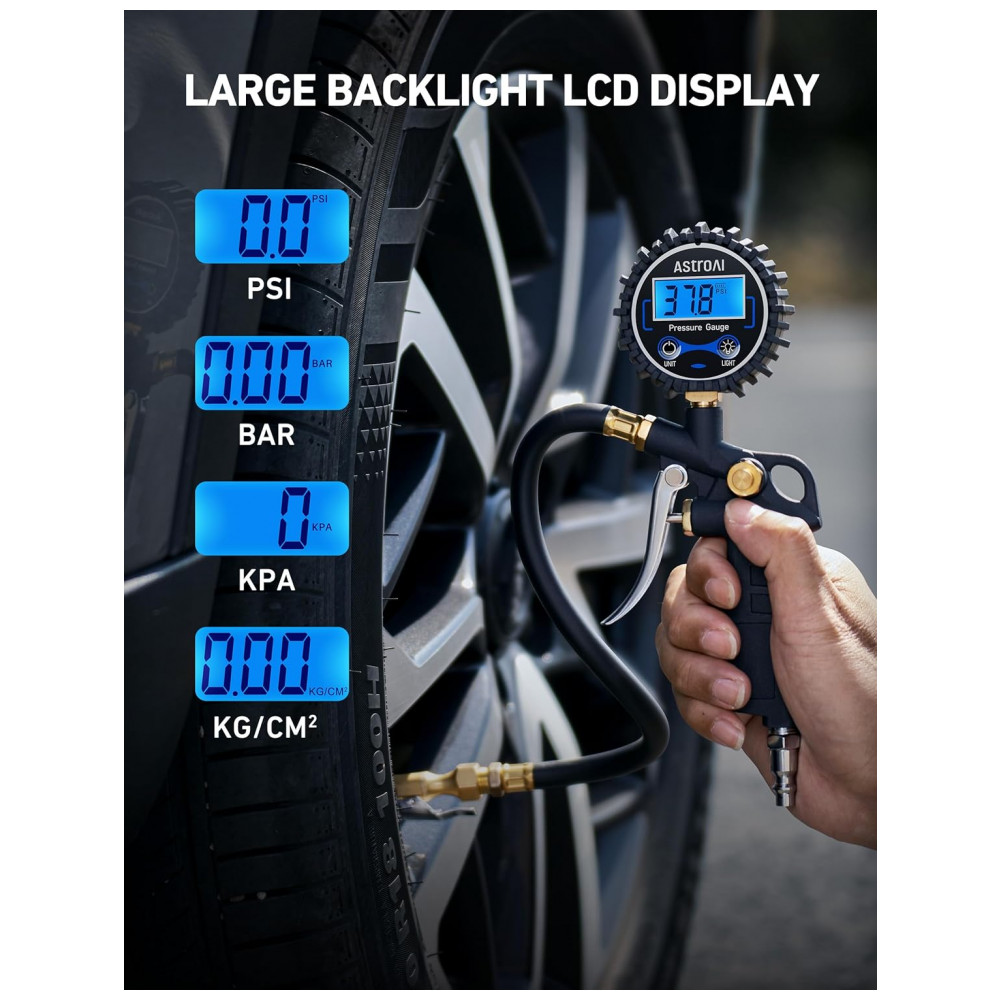 Manômetro Digital AstroAI com Inflador para Pneus, 227,5 PSI Acessórios para Compressor de Ar com Engate Rápido, Resolução de 0,1 Display, 1 unidade s - Imagem 4