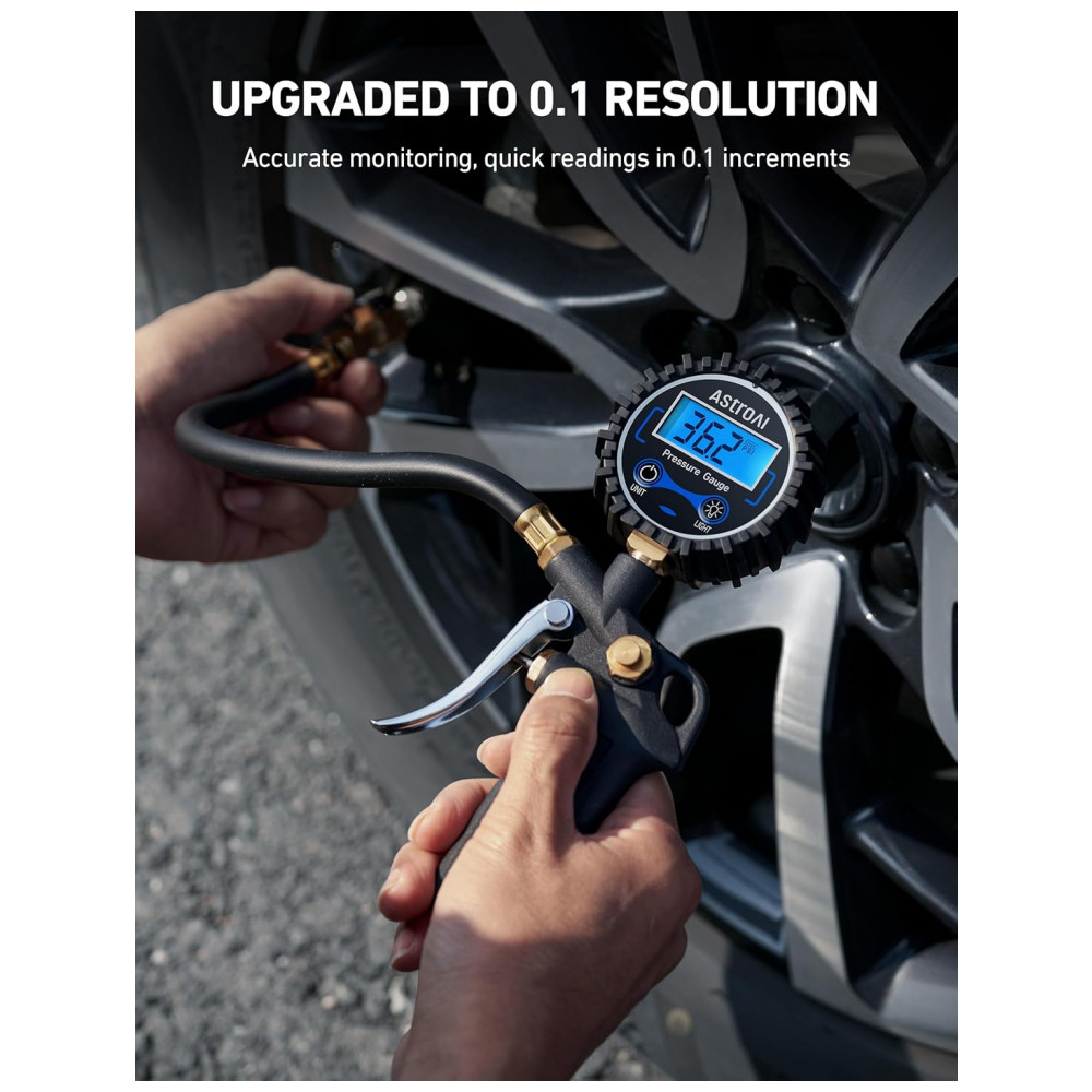 Manômetro Digital AstroAI com Inflador para Pneus, 227,5 PSI Acessórios para Compressor de Ar com Engate Rápido, Resolução de 0,1 Display, 1 unidade s - Imagem 5