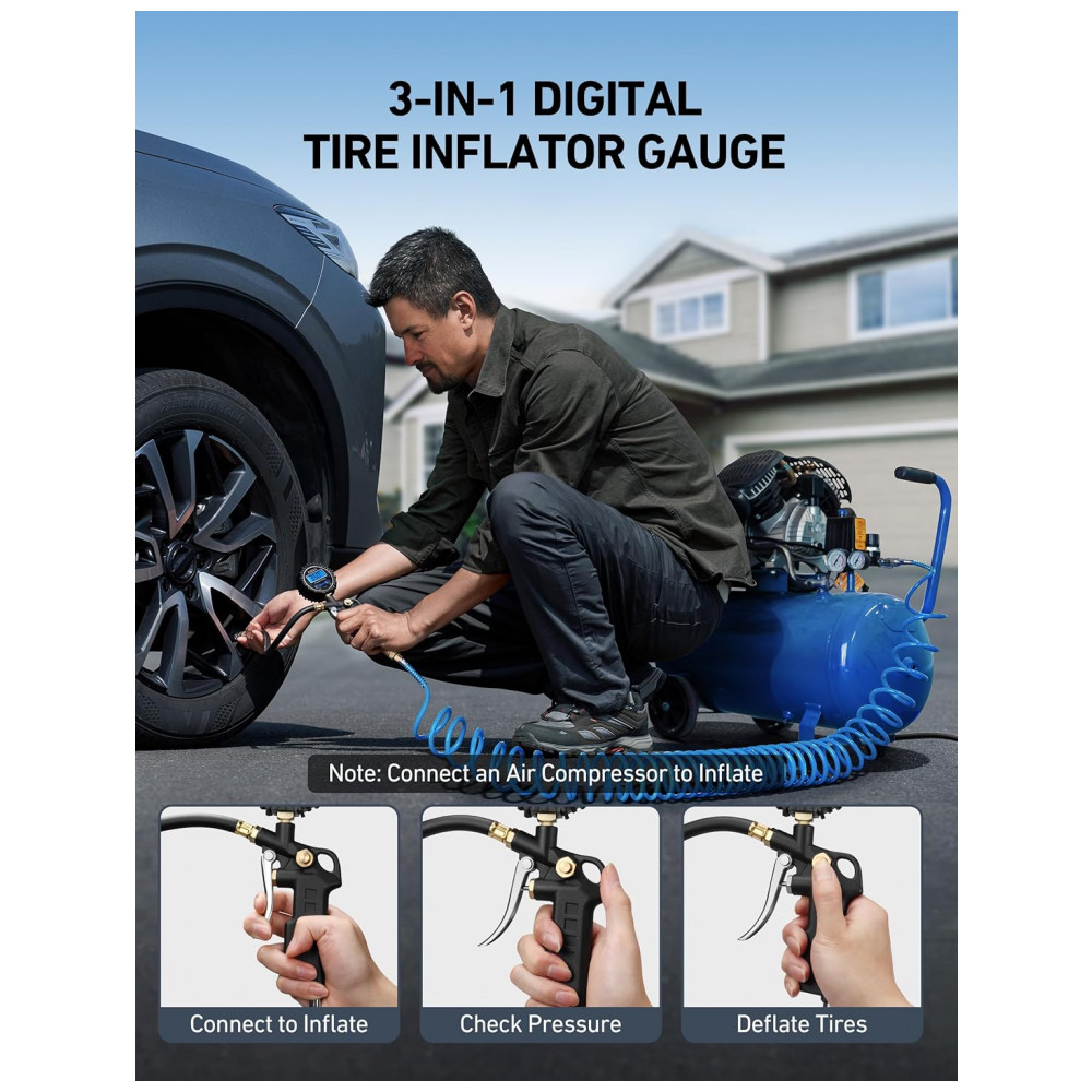 Manômetro Digital AstroAI com Inflador para Pneus, 227,5 PSI Acessórios para Compressor de Ar com Engate Rápido, Resolução de 0,1 Display, 1 unidade s - Imagem 6
