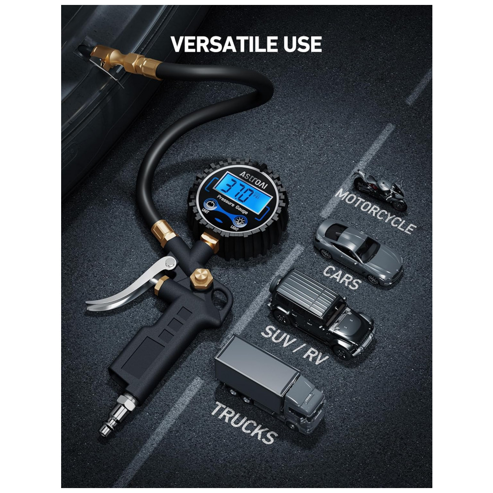 Manômetro Digital AstroAI com Inflador para Pneus, 227,5 PSI Acessórios para Compressor de Ar com Engate Rápido, Resolução de 0,1 Display, 1 unidade s - Imagem 7