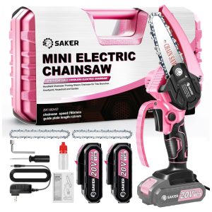 Motosserra Elétrica Portátil sem Fio para Poda de Galhos com 2 Baterias 20V e 3 Correntes Saker Rosa