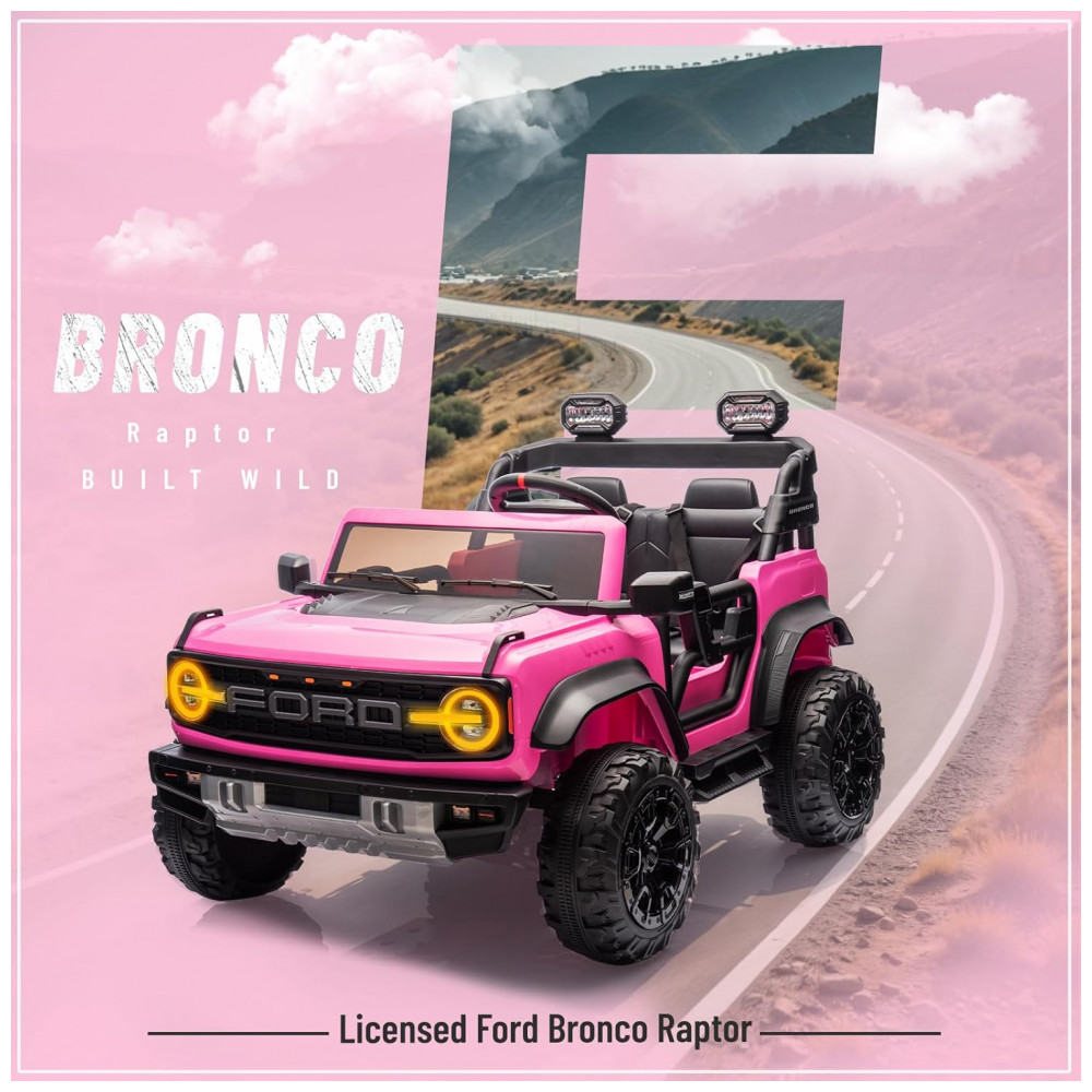 Carrinho Elétrico Licenciado Infantil 2 Lugares 24V Ford Bronco Raptor 4x4 2 Motores 90W Bluetooth Suspensão 4 Rodas Controle Remoto YOFE Rosa - Imagem 2
