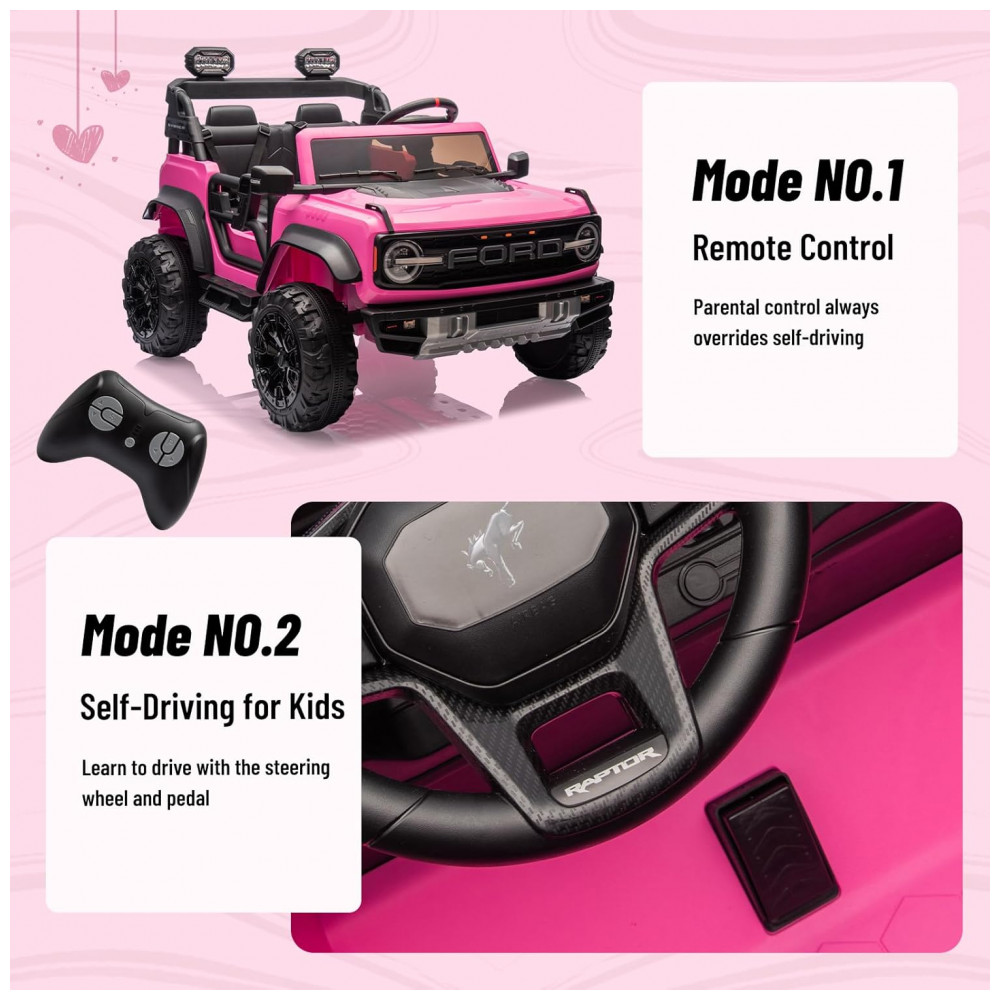 Carrinho Elétrico Licenciado Infantil 2 Lugares 24V Ford Bronco Raptor 4x4 2 Motores 90W Bluetooth Suspensão 4 Rodas Controle Remoto YOFE Rosa - Imagem 3