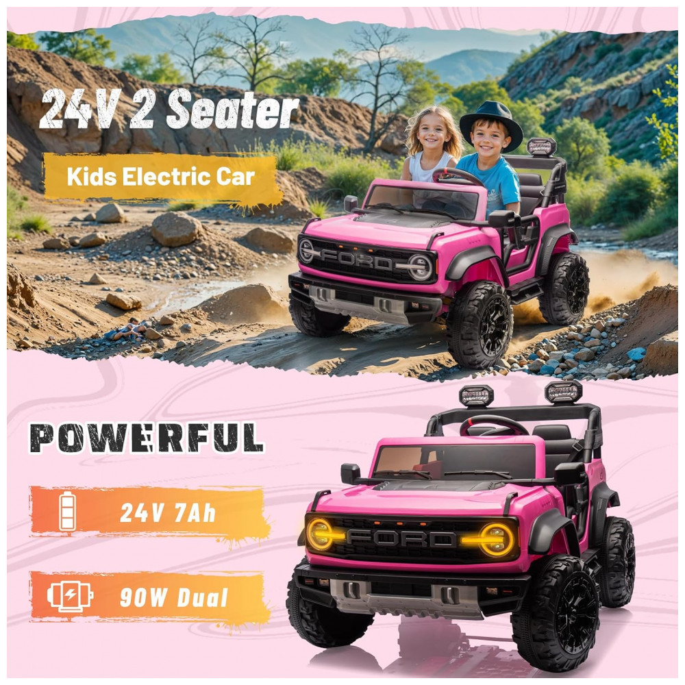 Carrinho Elétrico Licenciado Infantil 2 Lugares 24V Ford Bronco Raptor 4x4 2 Motores 90W Bluetooth Suspensão 4 Rodas Controle Remoto YOFE Rosa - Imagem 4