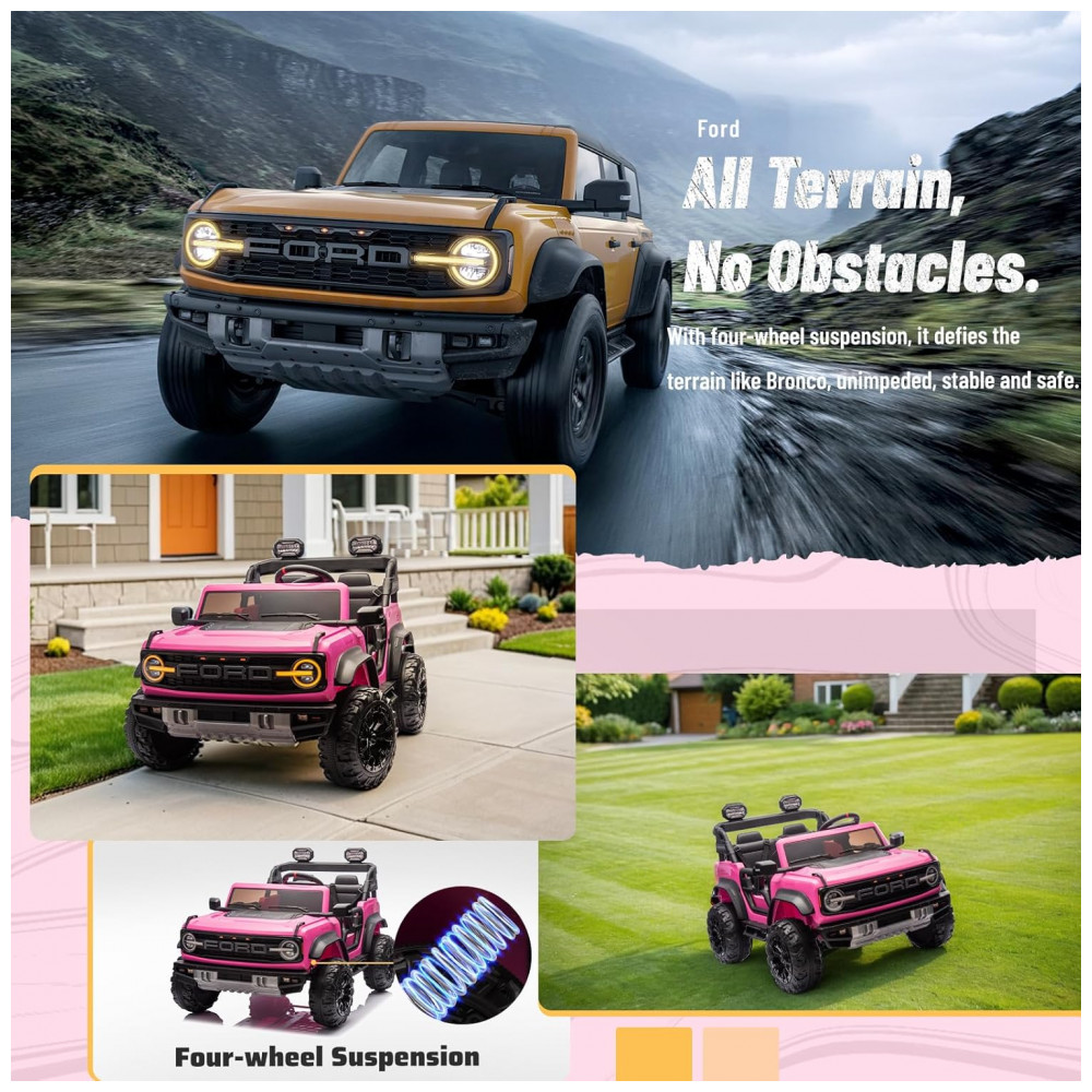 Carrinho Elétrico Licenciado Infantil 2 Lugares 24V Ford Bronco Raptor 4x4 2 Motores 90W Bluetooth Suspensão 4 Rodas Controle Remoto YOFE Rosa - Imagem 5