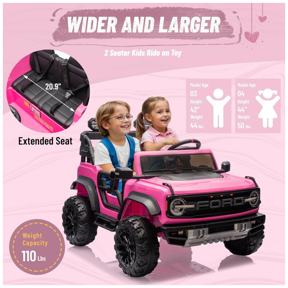 Carrinho Elétrico Licenciado Infantil 2 Lugares 24V Ford Bronco Raptor 4x4 2 Motores 90W Bluetooth Suspensão 4 Rodas Controle Remoto YOFE Rosa - Imagem 6