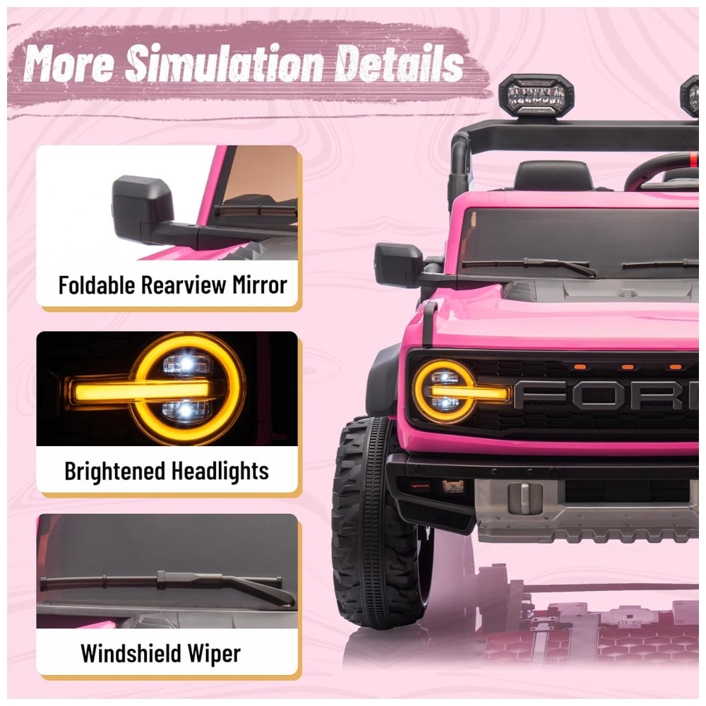 Carrinho Elétrico Licenciado Infantil 2 Lugares 24V Ford Bronco Raptor 4x4 2 Motores 90W Bluetooth Suspensão 4 Rodas Controle Remoto YOFE Rosa - Imagem 7
