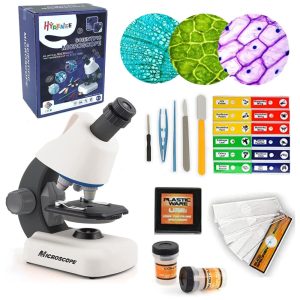 Kit Microscópio até 40 Zomm 1200x com Lâminas Preparadas e Luz LED Embutida para Crianças 5 a 12 Anos HYRENEE Branco