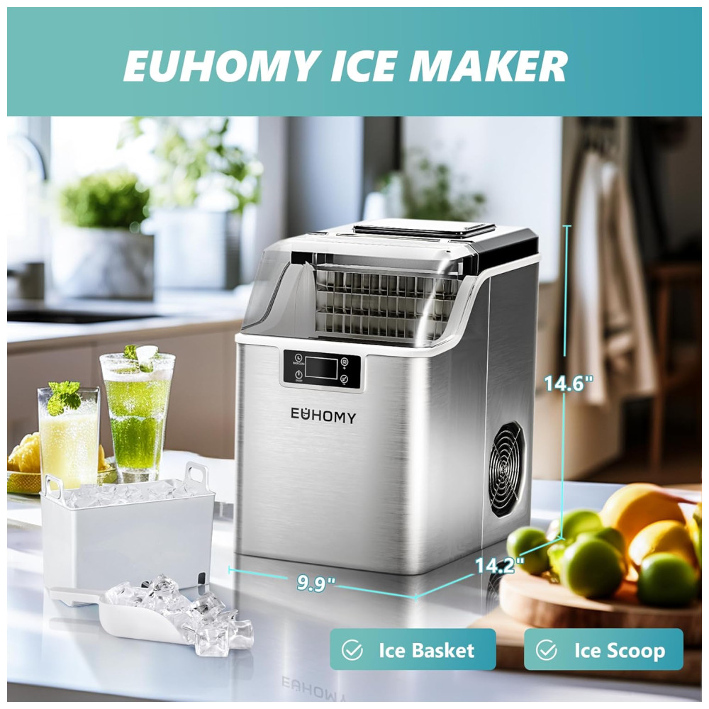 Máquina de Gelo Portátil que Produz 20 kg em 24H com Função de Autolimpeza Inclui Cesta e Colher de Gelo 110V 110W EUHOMY Prata - Imagem 7