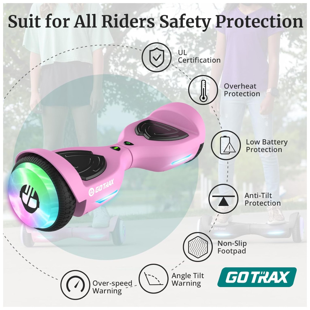 Hoverboard com Farol de LED, Velocidade de 9km/h e Alcance até 6 km, para Crianças e Adolescentes até 80 kg, 110V 200W, Gotrax ELF, Rosa - Imagem 6