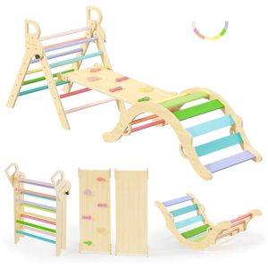Conjunto BlueWood Pikler Triangle: Brinquedo de Escalada de Madeira para Crianças Montessori com 7 em 1 Design Exclusivo e Colorido