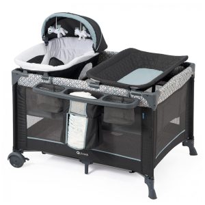 Berço Cercado Portátil 5 em 1 com Trocador de Fraldas Dossel e Rodas Qutanix Cinza e Preto