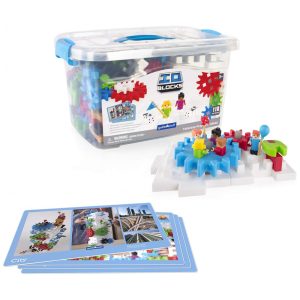 Blocos de construção interligáveis Guidecraft IO Blocks Tabletop System com 118 peças engrenagens e base de montagem para atividades STEM