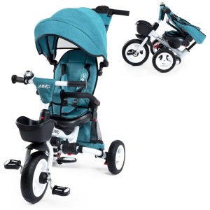 Triciclo Infantil Dobrável 7 em 1 com Alça Ajustável Arnês de Segurança Freios de Roda Capota Removível e Armazenamento JMMD Verde