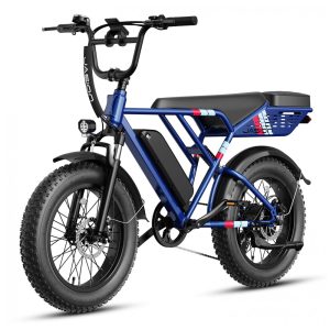 Bicicleta elétrica Jasion RetroVolt azul pneus 20"x4" suspensão dupla motor 1500W pico bateria 48V 13Ah 70 km autonomia 7 marchas 110V