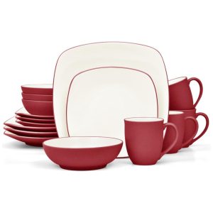 Aparelho de Jantar para Todas as Ocasiões com 16 Peças Formato Quadrado e Material de Cerâmica Noritake Vermelho