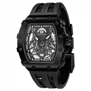 TSAR BOMBA Relógio Masculino Automático 50M à Prova d'Água Design Skeleton e Pulseira de Silicone Confortável