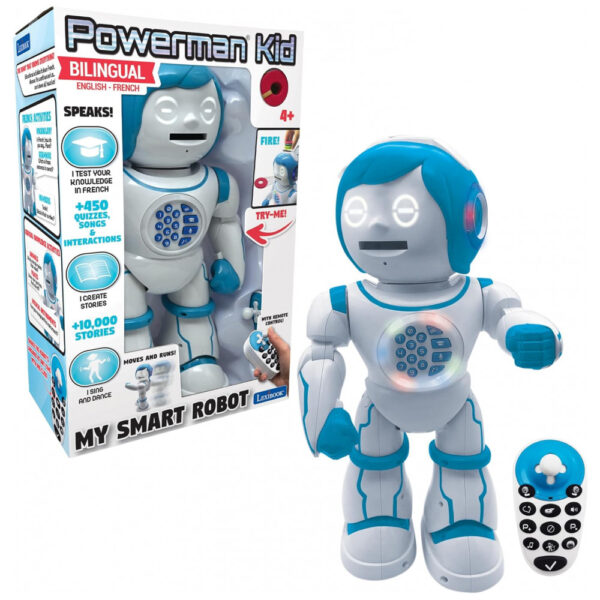 LEXiBOOK Powerman Kid: Robô Educativo Bilingue Inglês/Espanhol, que Anda, Fala, Dança, Cria Histórias, Quiz,