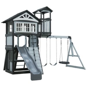 Playground Infantil de Madeira com Escorregador de Ondas Balanço de Teia Parede de Escalada e 2 Balanços de Cinto Backyard Discovery Cinza