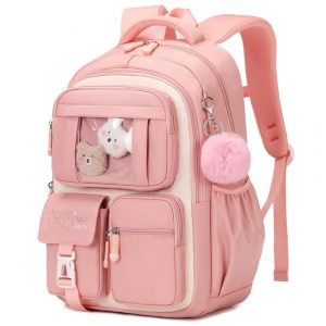 Mochila escolar PIG PIG GIRL rosa e bege estilo ita bag 218 L com múltiplos bolsos