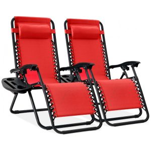 Conjunto de 2 Cadeiras de Praia Reclináveis de Aço com Design Ergonômico Zero Gravity e Bandejas de ApoioBest Choice Products