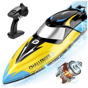 Barco de Controle Remoto para Adultos com Velocidade Máxima de 48 km/h Luzes LED e Função de Alarme DEERC Amarelo e Azul
