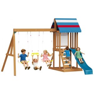 Conjunto de Balanço de Madeira Infantil Albott Outdoor 6 em 1 Marrom - Teto em Tenda Escorregador com Onda 2 Cintos e 1 Barra Trapezoidal Parede de Escalada Escada 245 cm x 152 cm x 245 cm