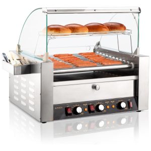 Máquina para Cachorro Quente 11 Rolos até 30 Salsichas com Luz LED Controle de Temperatura Duplo e Aquecedor de Pão 110V 2000W ROVSUN Prata