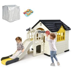 Casinha Infantil para Área Externa 7 em 1 com Cesta de Basquete Escorregador e Capa à Prova D'água Costzon Branca e Amarela