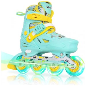 Patins Infantil Regulável com Rodas Iluminadas para Iniciantes Tam BR 30 a 34 Nattork Azul Teal
