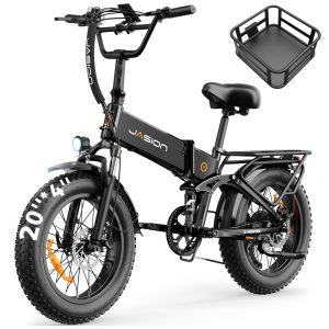 Bicicleta elétrica dobrável Jasion X-Hunter preta tática 20x4 1400W pico bateria 48V 13Ah 7 marchas suspensão dupla 110V