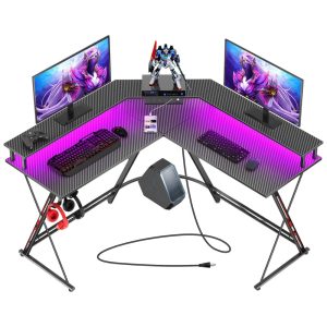 Mesa Gamer 50.4" 128 cm com Superfície de Fibra de Carbono Ganchos para Fones de Ouvido Luz LED Porta-Copos e Suporte para Monitor 110V SEVEN WARRIOR GD005-NEW Preto