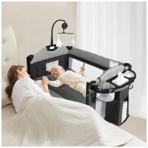 Berço Cercado Portátil 4 em 1 com Porta Objetos e Zíper Lateral Kinder King Cinza e Preto