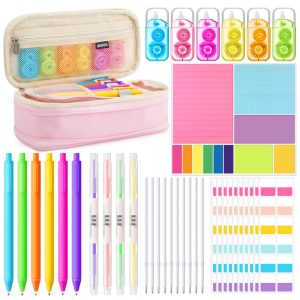 Kit escolar 38 peças Janlaugh neon com estojo canetas em gel marca-texto fitas corretivas e bloco de notas adesivas