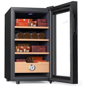 Umidor Elétrico KingChii de 48 Litros Controle de Temperatura com Armário de Cedro Espanhol Gaveta e Higrômetro - Presente Ideal para Homens