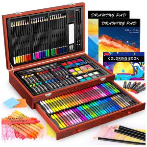 Art Supplies Kit Lápis de Cor Profissional com Maleta de Madeira 153 peças Tintas Acrílicas Aquarela CALIART Marrom