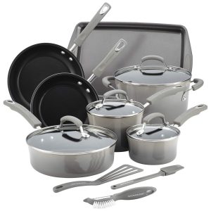 Jogo de Panelas e Frigideiras Antiaderentes em Alumínio com Utensílios 14 Peças Rachael Ray Cinza