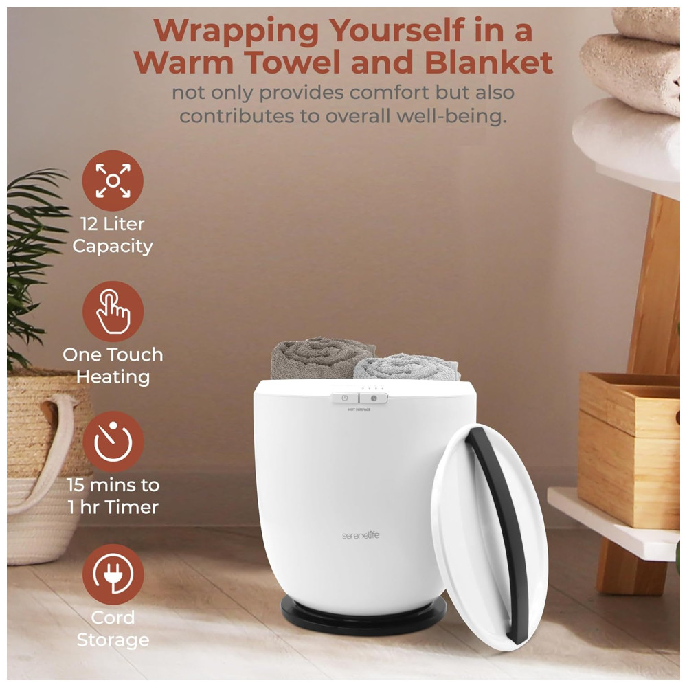 Aquecedor de Toalha Elétrico com Fragrância Personalizada Desligamento Automático para 1 Toalha Grande ou Roupão 110V 210W SereneLife Branco e Preto - Imagem 7