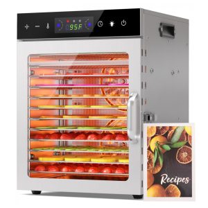Desidratador de Alimentos HOPERAN 12 Bandejas de Aço Inoxidável Controle de Temperatura 90°C Temporizador 24H 800W