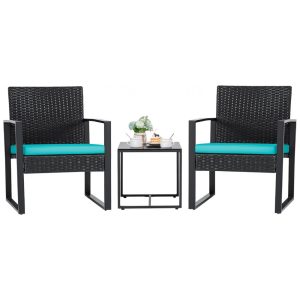 Conjunto de Móveis de Vime para Área Externa Flamaker Conjunto Bistrô Moderno com Cadeira de Vime e Mesa de Café para Jardim Azul