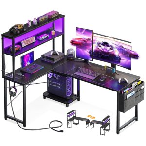 Mesa Gamer em Formato de L 53" 134 cm com Luz LED Tomadas Suporte para CPU Gancho para Fone de Ouvido e Bolsa de Armazenamento 110V AODK Preto