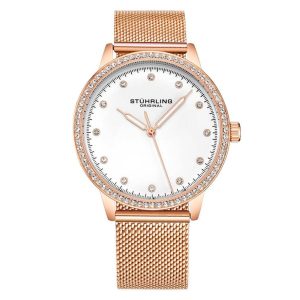 Relgio feminino Dorset 3904 38mm mostrador branco e rosa pulseira de ao inox rosa com fivela dobrvel - Stuhrling.