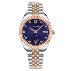 Relgio Gamine Classic 42mm 4024 com mostrador azul e pulseira prateada rosa de dois tons Stuhrling