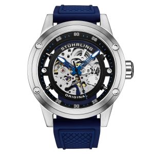 Relgio Automtico Stuhrling 4034 Mostrador Preto Pulseira de Borracha Azul Claro e Fivela Tang de Prata 50mm